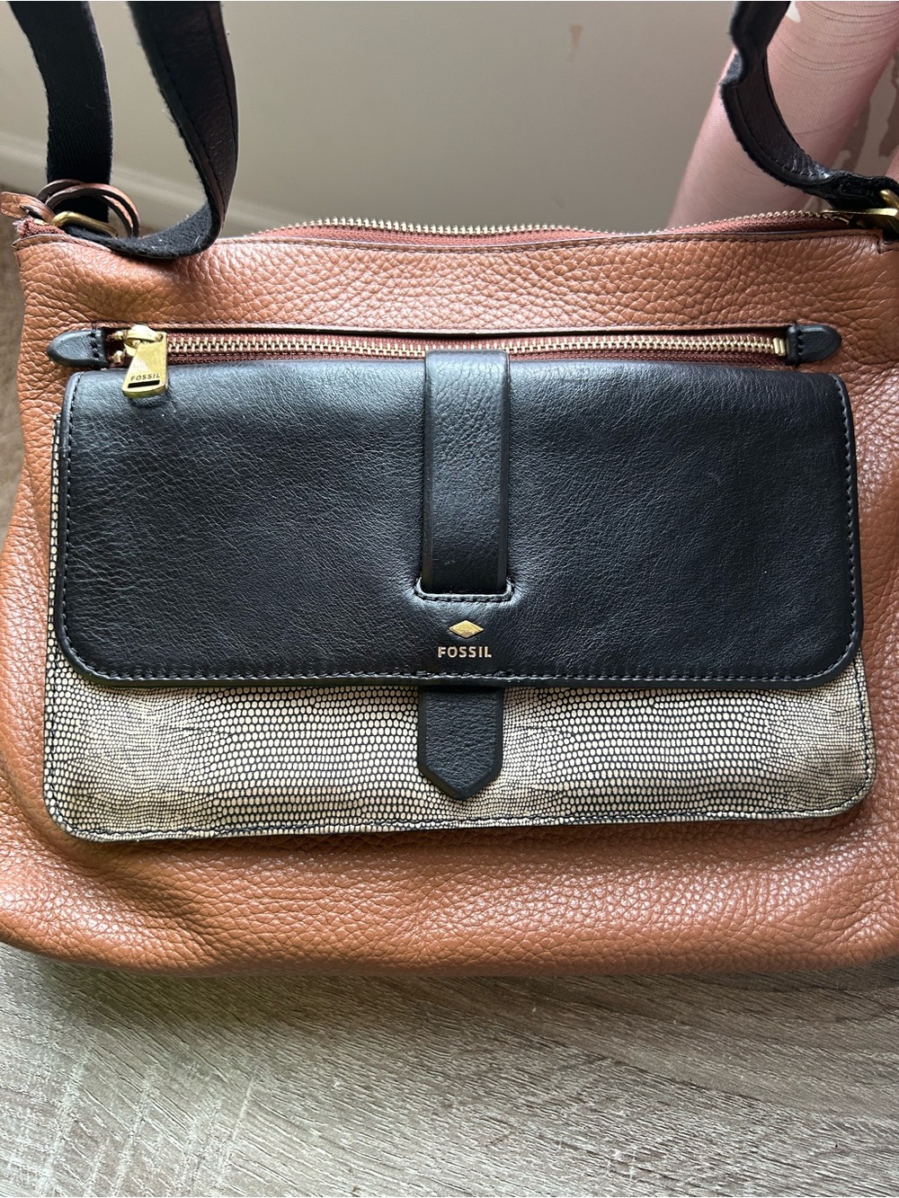 Fossil Pebbled Leather Crossbody Bag in Brown, Black and Snake Skin